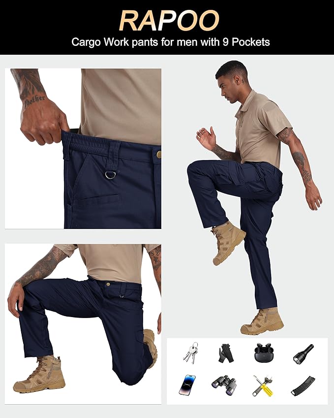 Rapoo Ripstop Water Resistant Cargo Tactical Pants for Men EDC Hiking Work Military Army Pants with 9 Pockets