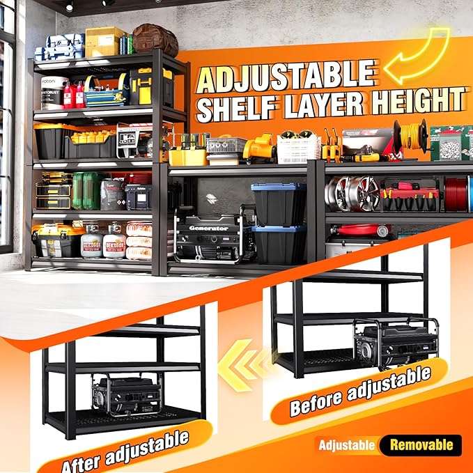 2 Pack Storage Shelves,3000LBS Garage Shelving ,Adjustable Garage Shelves ,Heavy Duty Metal Shelving, 5 Tier Wood Utility Steel Shelf, Easy-to-install Shelving Units and Storage 71.2''x46''x19.7"