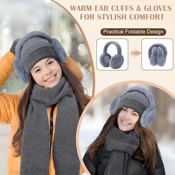 Geyoga 6 Pcs Women Winter Beanie Hat Scarf Gloves Ear Muffs Fuzzy Socks Set, Touchscreen Gloves for Thermal Gift Cold Weather
