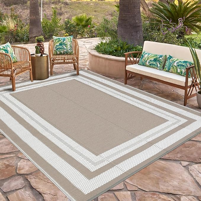 Patio Modern Border Outdoor Rug 10x14 Waterproof Large Reversible Camping Mat Foldable Lightweight Plastic Straw Outdoor Rug for Deck, Picnic, Porch, Camper, Balcony, Beach, Rv，Light Brown
