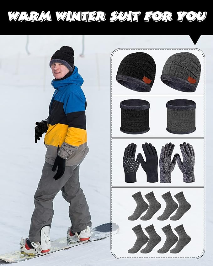 10 Pieces Winter Hat Beanie Scarf Touch Screen Gloves and Sock Set Slouchy Knit Skull Cap Beanies Fleece Lining Neck Warmer