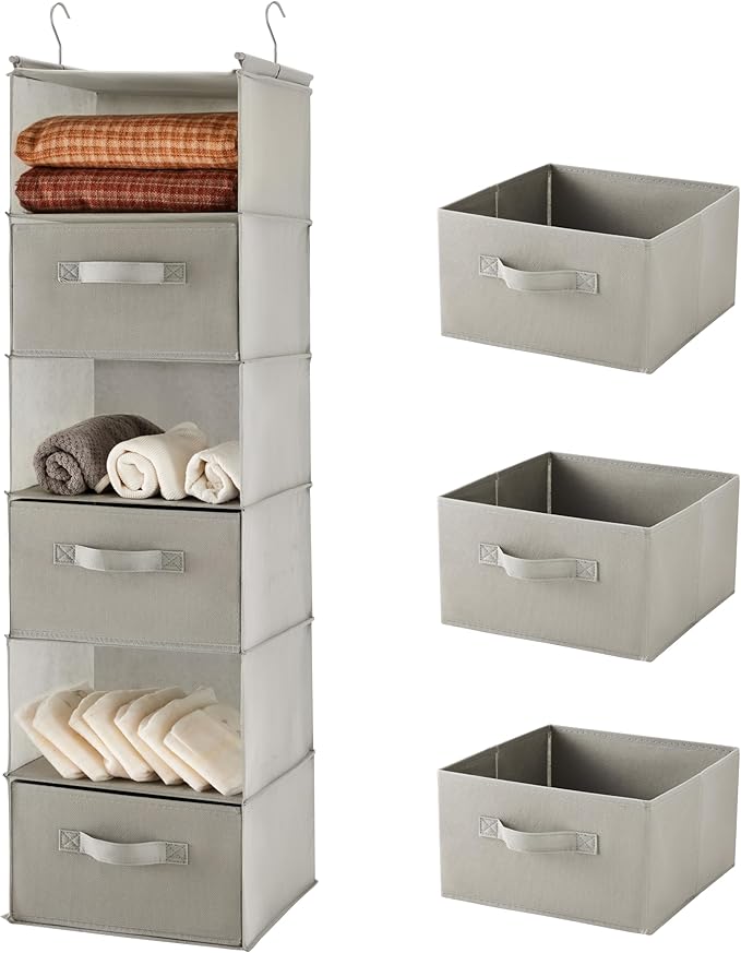MAX Houser 6 Tier Shelf Hanging Closet Organizer, Closet Hanging Shelf with 2 Sturdy Hooks for Storage, Foldable (Light Grey-D3)