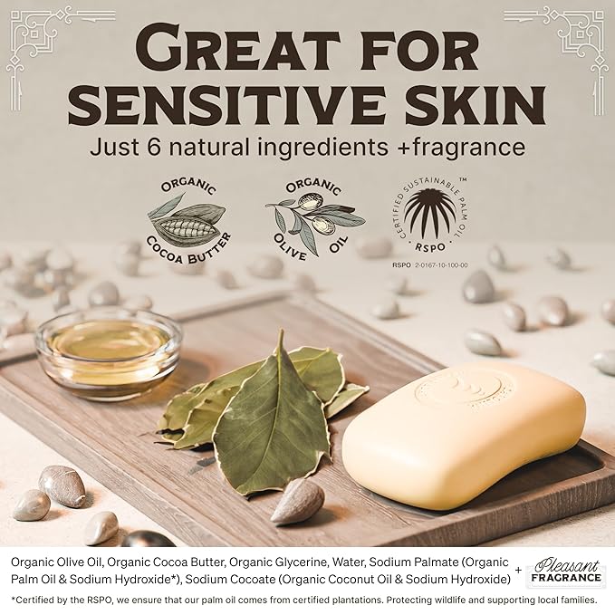 Carolina Castile Soap Vegan Bay Rum Castile Bar Soap – 6 Bars of Natural Soap for Men, Women, and Kids – Gentle, Hydrating Castile Soap Bars with Organic Cocoa Butter and Olive Oil, 5 Oz. Each