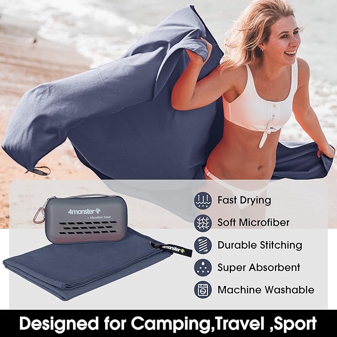 4Monster Quick Dry Travel Towel with Case & Carabiner – Super Absorbent Microfiber Gym & Camping Towel. Compact, Lightweight, Fast Drying for Beach, Swimming, Hiking, Backpacking