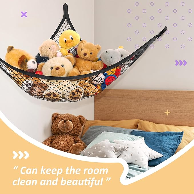 Lazebox Stuffed Animal Net Hammock for Plushie Toys, Stuffed Animal Hammock Corner for Kids' Room Decor, Ideas for Organizing Stuffy Collection, Easy to hang with Anchors & Hooks, 1 Pack, Black