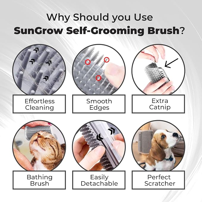 SunGrow Self-Grooming Brush for Cats, Light Gray Self Massager, Mountable to Corners and Flat Surfaces, Includes Brush, Catnip, Screws and Adhesive Tape, 1-pc