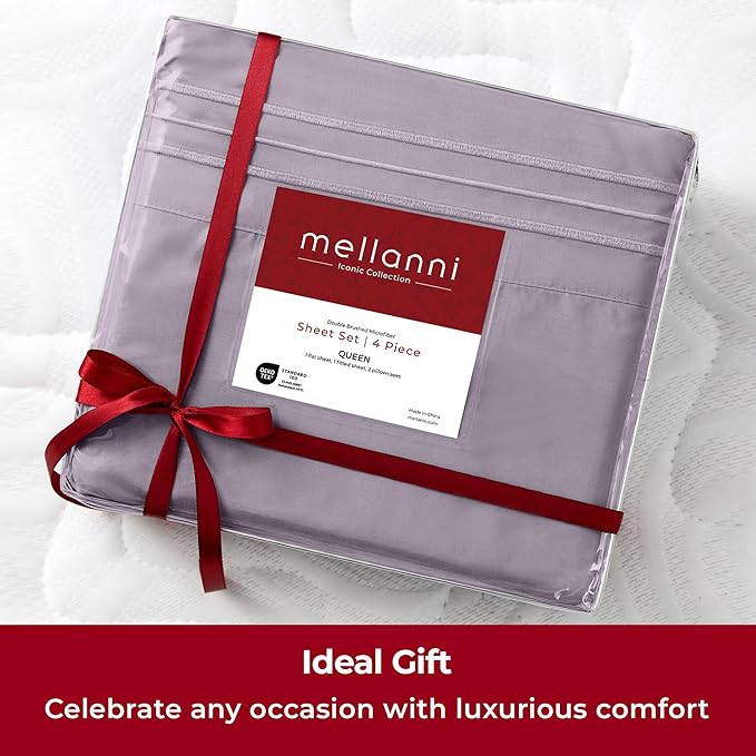 Mellanni Split King Sheets Set - 5 PC Iconic Collection Bedding - Hotel Luxury, Extra Soft, Cooling Bed Sheets - Wrinkle, Fade, Stain Resistant (Split King, Hazy Lilac)