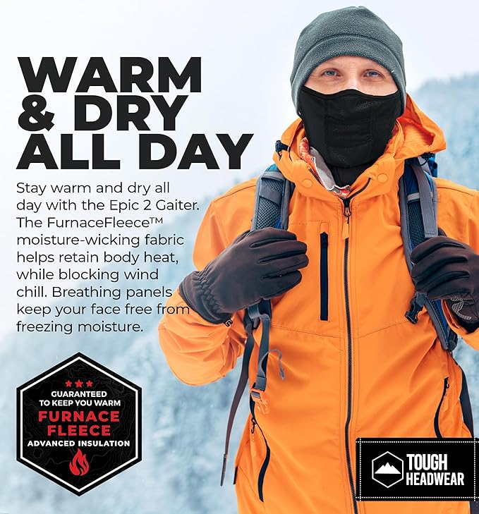 Tough Headwear Half Ski Mask - Fleece Lined Winter Face Mask - Stretch Neck Gaiter for Cold Weather Gear - Skiing Accessories