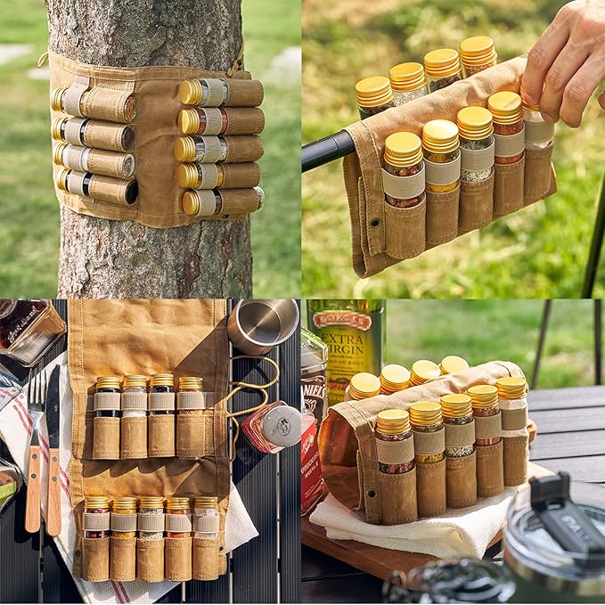 Camping Spice kit with 9 spice Jar,rope,Spice Labels Sticker,Silicone Collapsible Funnel, Canvas Travel Seasoning container, portable spice bag for travel (CAMEL BROWN)