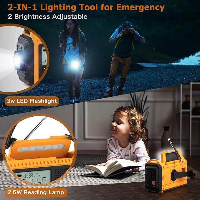 NOAA Emergency Weather Radio - 5000mAh Solar/Hand Crank/Battery AM/FM/SW with USB Charger, LED Flashlight & SOS Alert, Clock, Portable Survival Radio for Power Outage, Hurricanes, Camping