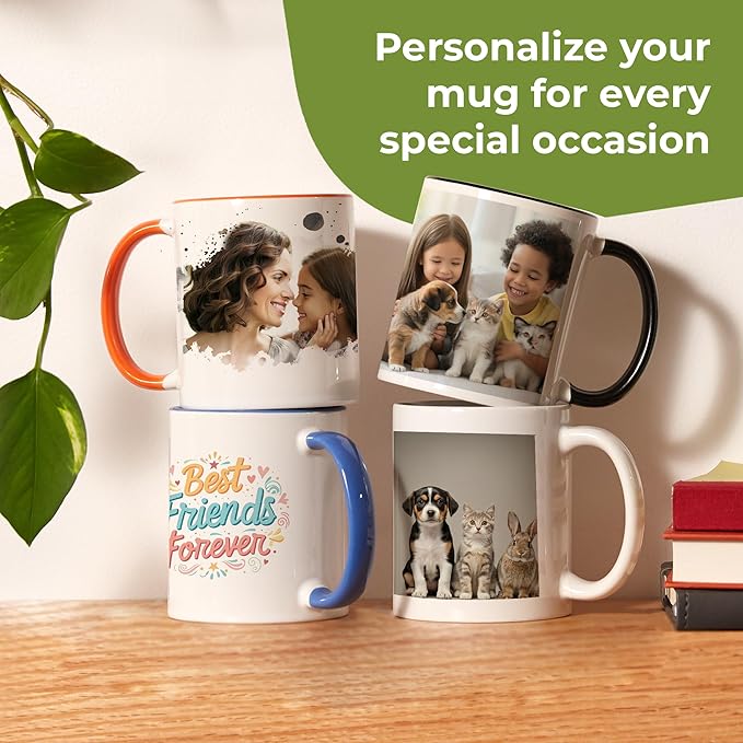 Personalized Mug, Custom Ceramic Mug with Photo and Text, 11oz, Pack of 100, Glossy Coffee Cup, Perfect for Christmas, Secret Santa or as Holiday Gift for Family or Friends, White/Green