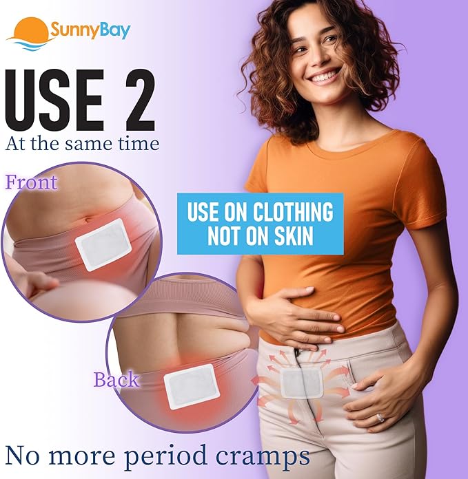 SunnyBay Heat Patches for Menstrual Cramp, Air-Activated Adhesive Heat Pads for Period, 130 F Warmth up to 8 Hours, Stick to Clothing Not Skin, 2.75 x3.5 inches, 10-Count