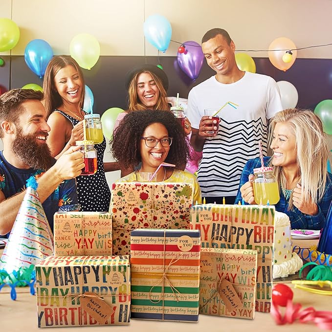 MAMUNU Birthday Wrapping Paper, 8 Sheets Brown Kraft Recycled Gift Wrapping Paper, Colorful Happy Birthday Gift Wrapping Paper Set with Stickers and Tags for Kids Women Men Birthday All Occasions, 20×28 Inch