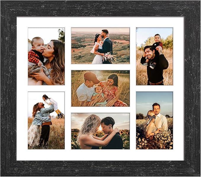13.5X15.5 Picture Frames Collage with 7 Openings 4X6 Pictures, Multi Photo Frame with Mat for Wall Hanging Decor,Black Wood Grain