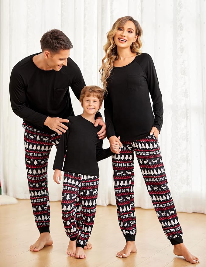 Ekouaer Family Matching Pajamas Christmas Sleepwear Long Sleeve Sleep Shirt with Plaid Pants Soft Loungewear Pjs Set S-XXL