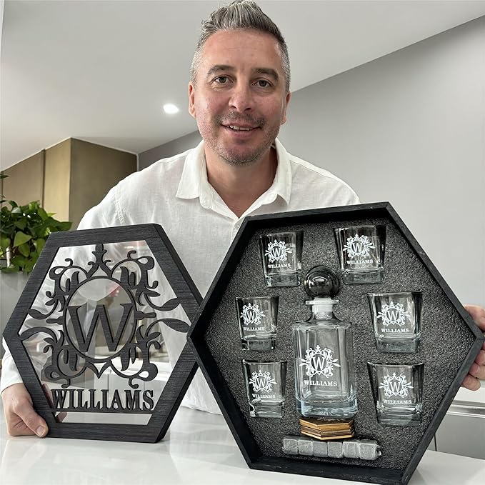 Personalized Whiskey Decanter Set for Men Dad Custom Liquor Decanters Wooden Box Whiskey Glasses Father's Day Gift for Grandpa Birthday Anniversary Christmas