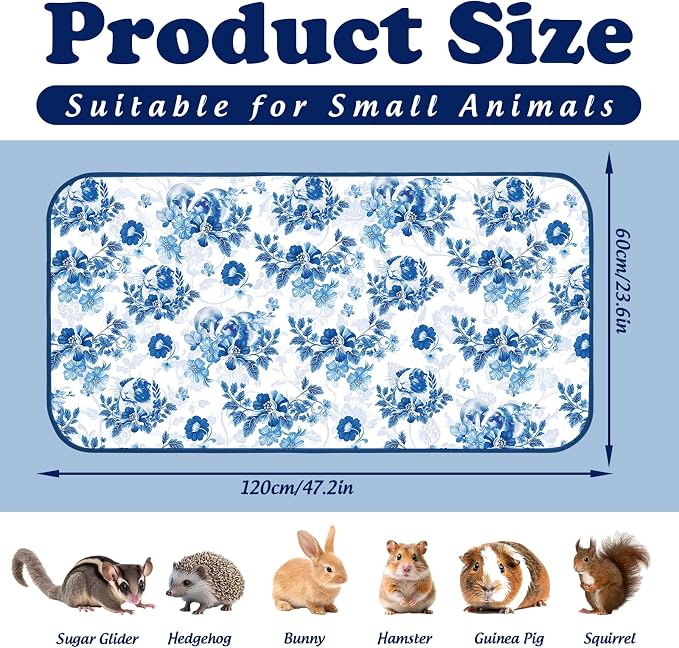 JarThenaAMCS 3 Packs Guinea Pig Pee Pads 24" x 47" Reusable Guinea Pig Pee Mat Watercolor Blue Flower Washable Small Animal Cage Liner for Rabbit Hamster Chinchilla Ferret Rat