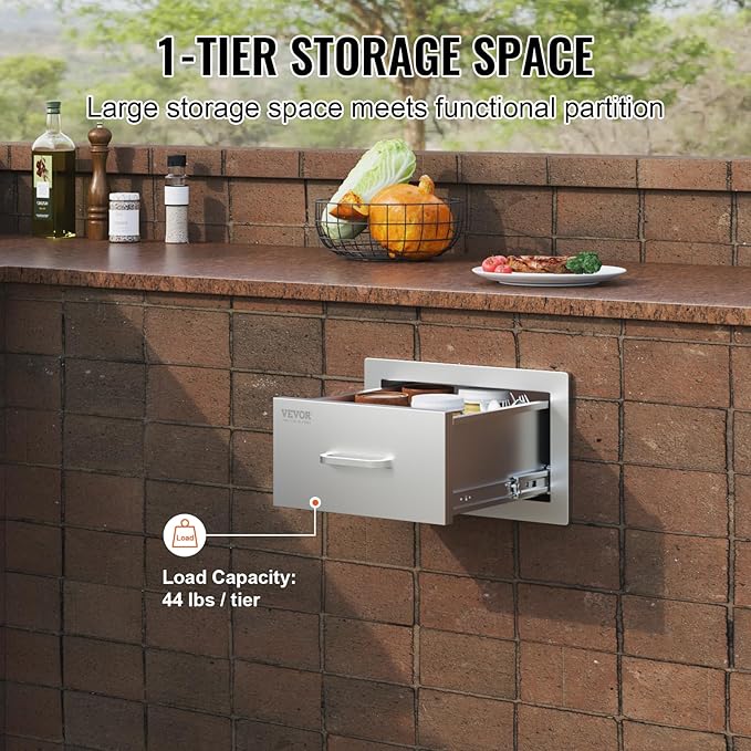 VEVOR Outdoor Kitchen Drawers 14W x 8.5H x 23D Inch, Outdoor Kitchen Cabinets with Stainless Steel Handle, Flush Mount Double Drawers, BBQ Island Drawers, Outdoor Kitchen Access Drawers