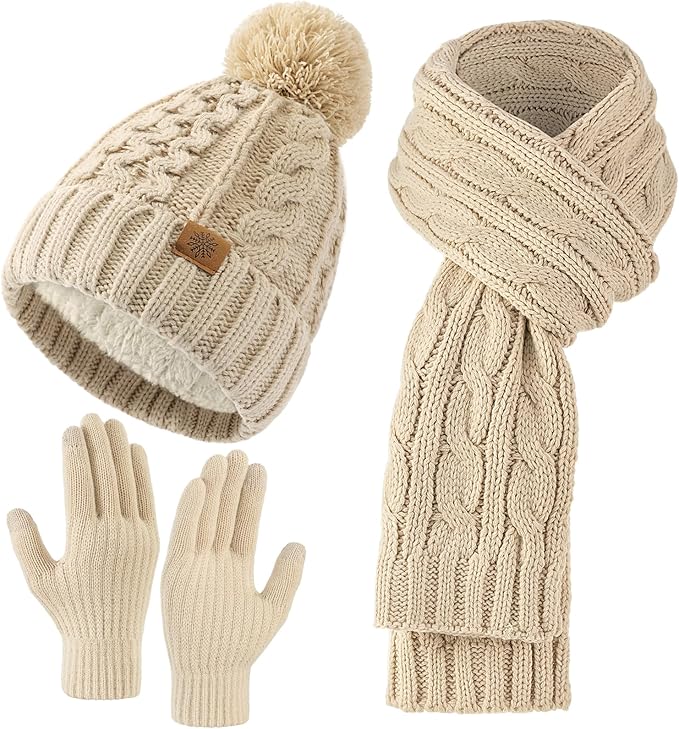 Tavaleu Womens Winter Beanie Hat Scarf Gloves Set, Pom Pom Beanie Warm Knit Scarf Touchscreen Gloves for Cold Weather