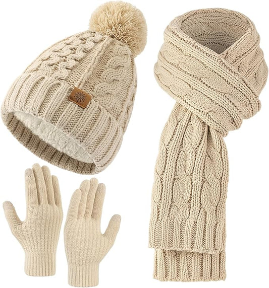 Tavaleu Womens Winter Beanie Hat Scarf Gloves Set, Pom Pom Beanie Warm Knit Scarf Touchscreen Gloves for Cold Weather