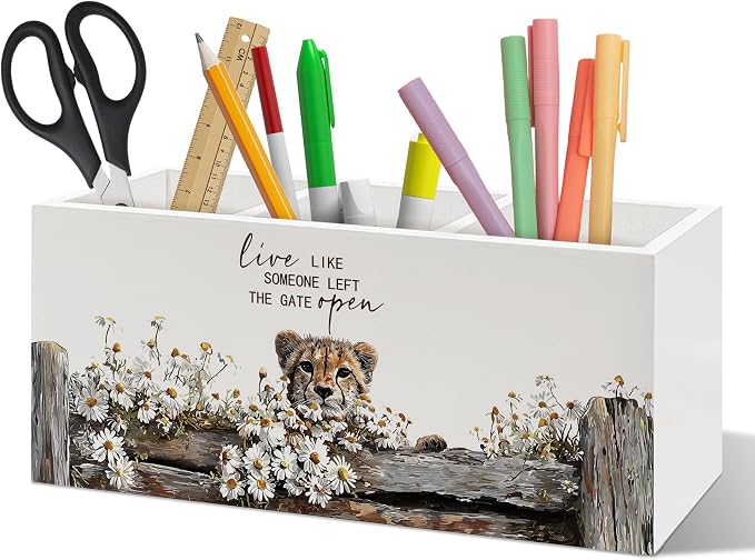 Rustic Cheetah Pen Holder Organizer, Farmhouse Leopard Gifts for Women Desk Decor, Live Like Someone Left the Gate Open Wooden Pen Pencil Holders for Vintage Desk Accessories