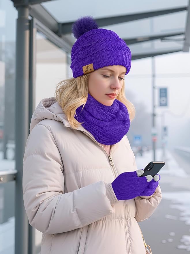 URATOT 4-In-1 Winter Warm Sets Knitted Scarf Touch Screen Gloves Beanie Pompom Hat and Winter Ear Warmer for Men or Women