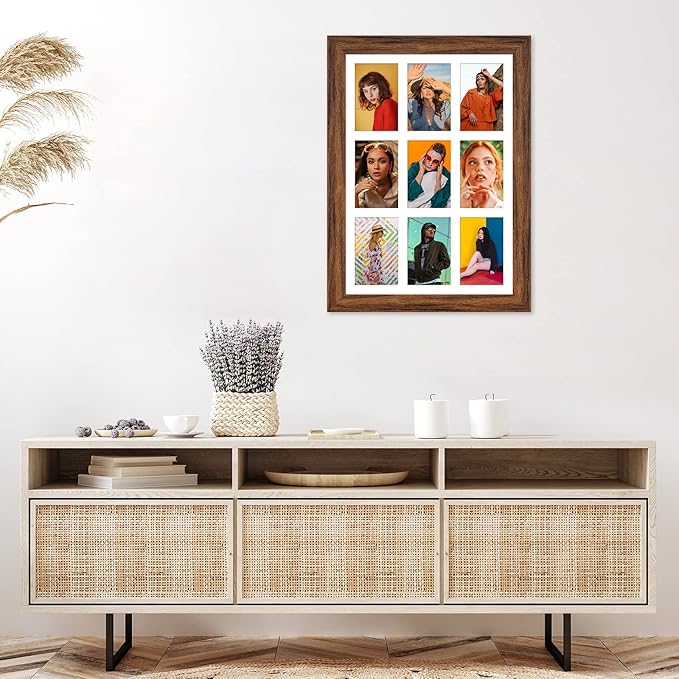 13.5x19.5 Picture Frame Display 9 opening 4X6 Picture Frame Collage,Multi Photo Frame with Mat,Plexiglass,Wall or Tabletop Decor,Carbonized Brown Wood Grain