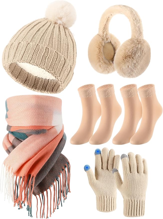 Geyoga 6 Pcs Winter Hat Scarf Gloves Set Knitted Touchscreen Gloves Plaid Scarf Earmuffs Socks Gift for Women Men