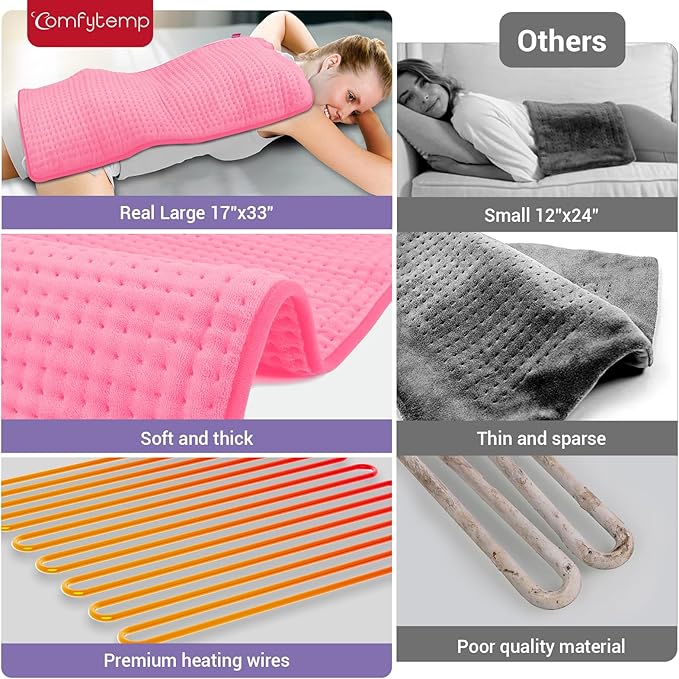 Comfytemp 17''x 33'' King Size Heating Pad for Back & Period, Extra Large Cute Heating Pad XXL, Electric Heat Pad for Neck/Shoulder/Knee, Washable, Pink