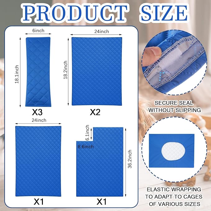 Beeveer 7 Pcs Ferret Cage Liner Washable Ferret Pads Bedding Cage Accessories Kit for Small Animals Hamster Rats Chinchillas Hedgehogs Guinea,Stain-Resistant Material (Double Unit Set,Blue)