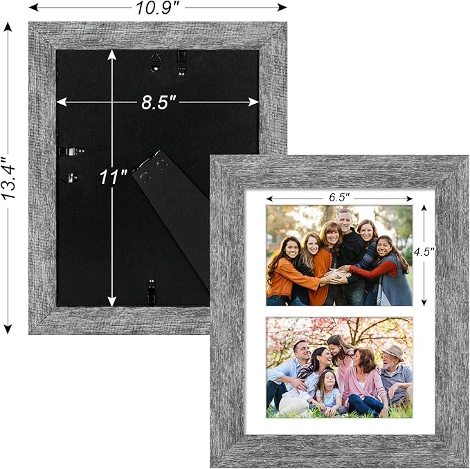 8.5x11 Picture Frame Display 2 opening Double 5x7 Picture Frame Collage,Multi Photo Frame with Mat,Plexiglass,Horizontal and Vertical Formats for Wall Decor,Grey Wood Grain