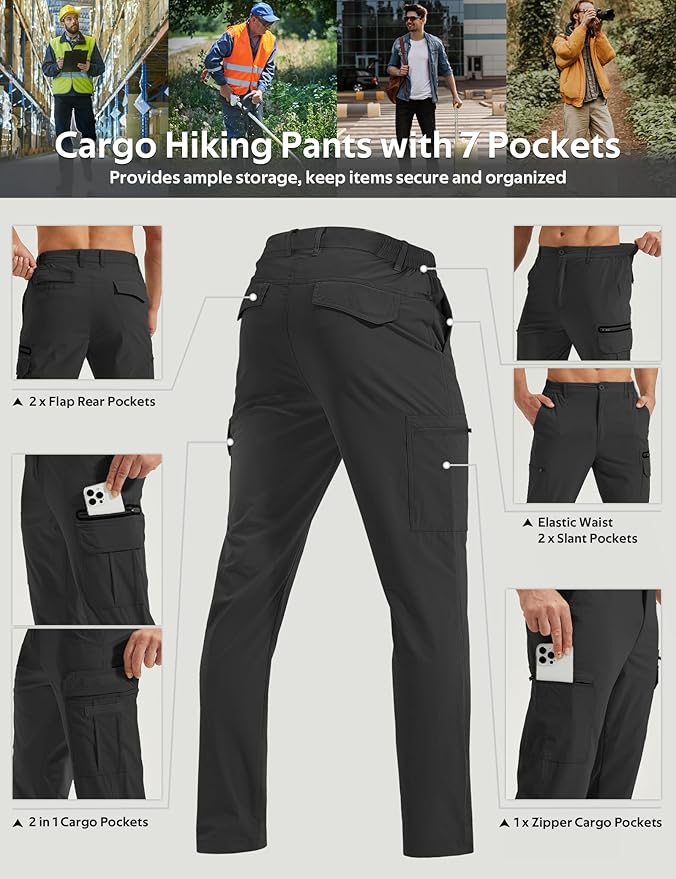 MOURCE Hiking Pants Men Lightweight Quick-Dry - Water Resistant Stretch Travel Pants with 7 Pockets for Outdoor Fishing