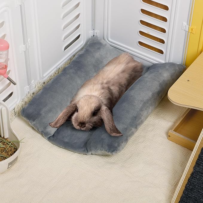 MEWTOGO 15.7" x 14" Bunny Bed for Rabbit Cage, Thickened & Soft | Prevent Sore Hocks Plush Mat with Cotton Lounger Pillows, Small Animal Flop Mat for Hutch Sleeping Indoor, Gray