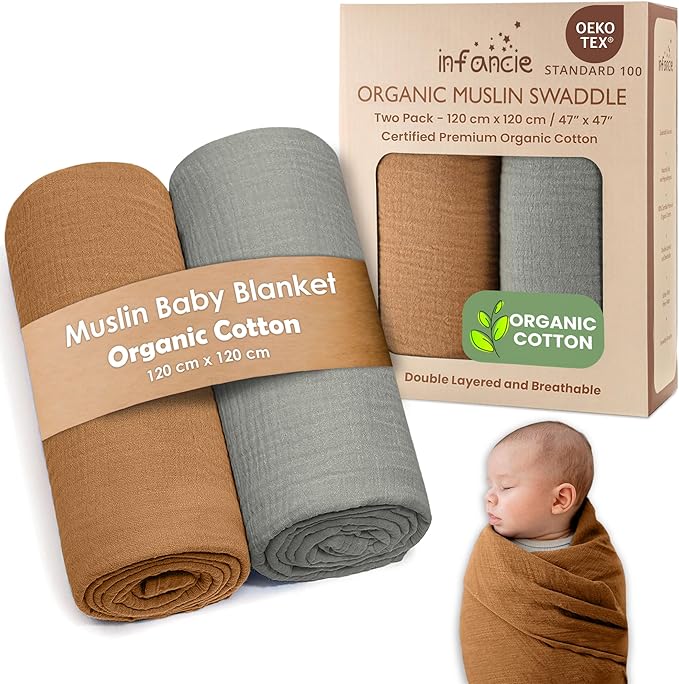 Organic Cotton Muslin Baby Blanket - 47x47 Inch Breathable Swaddle, Hypoallergenic Double-Layer, Versatile Use (Gold/Sage, 47x47 Inch)