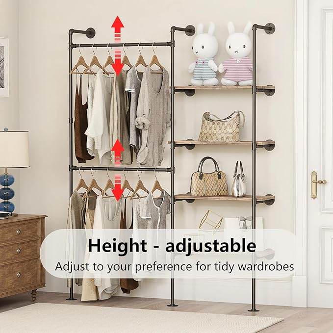 Industrial Pipe Clothing Rack, Heavy Duty Adjustable Garment Hanger with Shelves, 2 Installation Methods Closet Storage System for Wardrobe Organization (Black, 80" H x 55" W)