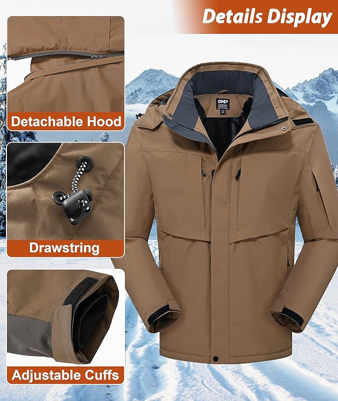 Mens Winter Snow Jacket Waterproof Ski Jackets Snowboard Rain Warm Coat Insulated Hood Fleece Lined