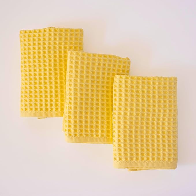 PÜSKÜL - Set of 3 Organic Waffle Hand Towel Yellow - Premium Quality, 100% Turkish Cotton, Soft, Quick-Dry, Absorbent, Lint-Free Face Kitchen Hand Towels (Light Yellow, Hand Towels - Pack of 3)