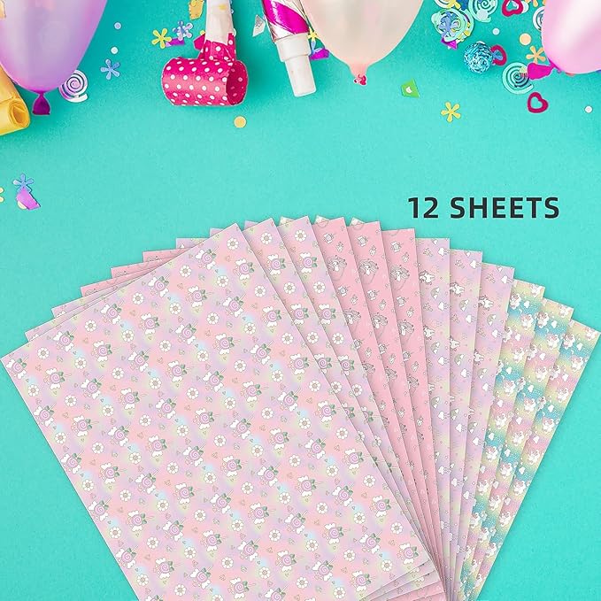 PlandRichW Unicorn Wrapping Paper Folded for Girls, Women Birthday 4 Princess Pink Designs of Rainbow, Fairy Wand, Diamond, for Holidays Baby Shower 12 Sheets 20 × 29 Inches