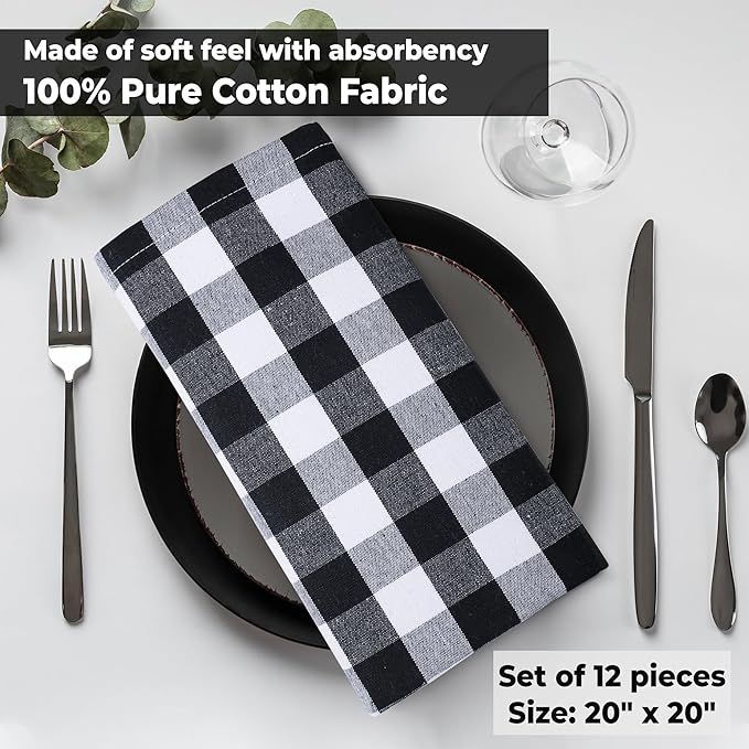 Urban Villa Cloth Napkins 100% Cotton Dinner Napkins Highly Absorbent 20x20 Inches (Set of 12) Black White Buffalo Checks Reusable Washable Soft Durable Premium Napkins Ideal for Home Wedding Parties