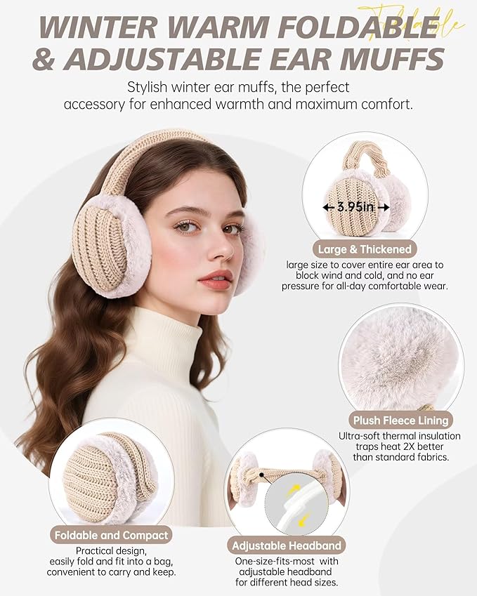 Winter Hat Gloves Scarf Earmuffs Set for Women, Fleece Lined Beanie Long Scarf Touchscreen Gloves Ear Warmer, 4 in 1 Gift Set
