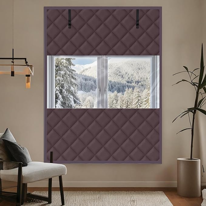 3 Layer 63 x 47 Inch Visible Winter Insulated Window Cover,Oxford Thermal Insulated Window Blanket with Fastener,Brownish Red Window Insulation Kit for Winterizing Keeping Home Warm