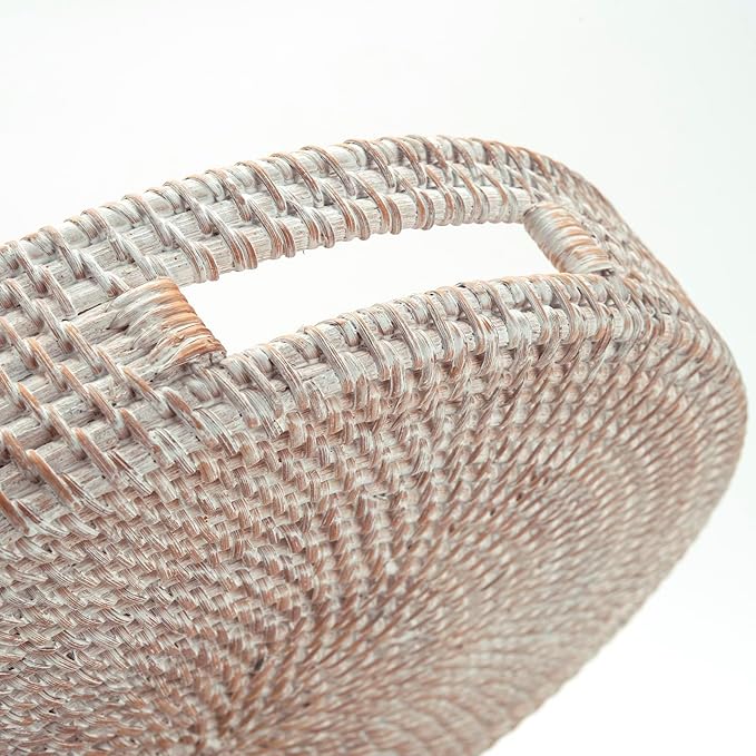 14.2" Round Rattan Tray, Hand Woven Serving Tray with Handles, Wicker Serving Basket, Decorative Tray for Home Decor, Whitewash