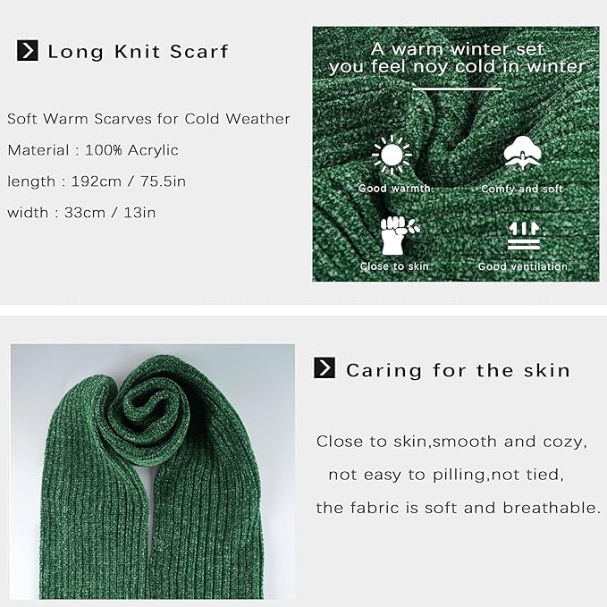 Womens Winter Knit Warm Hat Beanie Long Scarf Touch Screen Gloves Set Skull Caps Neck Scarves for Women