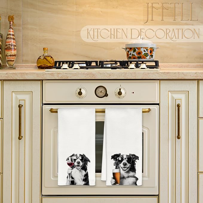 Funny Border Collie Kitchen Towels Set of 2, Funny Kitchen Decor, Wine Bar Decor, Black and White Border Collie Owner Gift Hand Towel, Dining Room Decorative Tea Towel Dish Towels 16x24 Inch