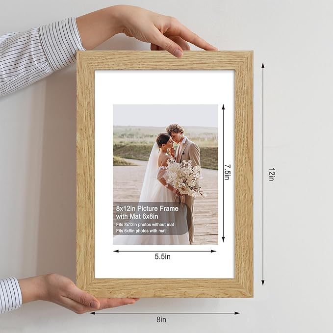 8x12 Picture Frame Set of 4, Made of Glass and Natural Oak Wooden Frame - Display 6x8 Picture with Mat or 8 x 12 Poster Without Mat, 8 by 12 Photo for Wall or Tabletop