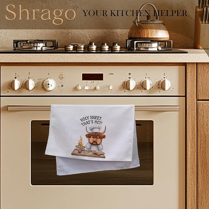 Funny Chef Highland Cow Kitchen Towels, Highland Cow Gifts for Women Men Dish Tea Towels, Humorous Holy Sheet That's Hot Decorative Hand Towel, 16x24 Inch