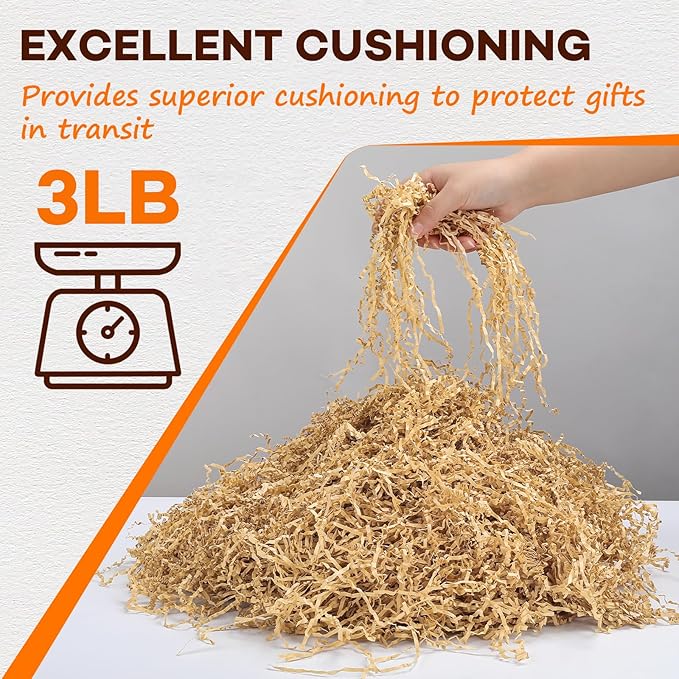 3LB Kraft Crinkle Paper Filler, Brown Cut Shredded Paper for Gift Baskets Packaging Wrapping Cushion Stuffing Box Filler for Easter Christmas Wedding Birthday Bridesmaid