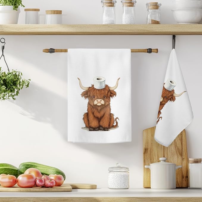Funny Highland Cow Bathroom Hand Towels, Highland Cow Bathroom Decor, Cute Scottish Cattle Farm Animal Hand Towels for Kids Bath Room Washroom Decor, 16x24 Inch