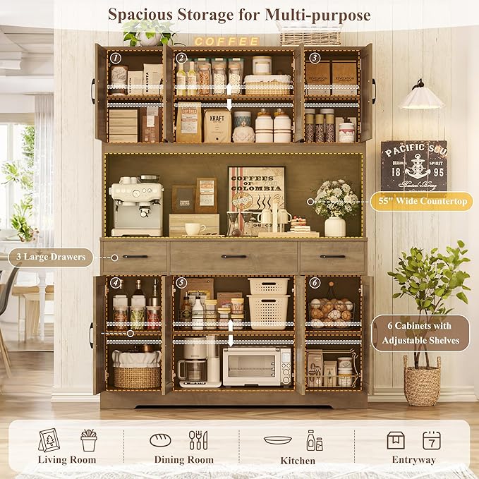 HOSTACK 71" Tall Pantry Cabinet with Charging Station, 55" Wide Kitchen Pantry Storage Cabinet with Countertop, Large Kitchen Hutch with Storage and Microwave Stand for Dining Room, Rustic Brown