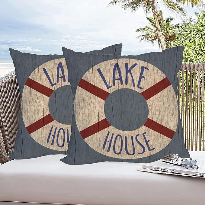 Fukeen 2 Waterproof Outdoor Lake House Pillow Covers 22x22 Inch Vintage Summer Coastal Nautical Life Buoy Throw Pillow Cases Ocean Rustic Farmhouse Decorations Cushion Cover Double Sided